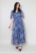 70's Vintage Ladies Dress Blue Pink Floral Sheer Maxi